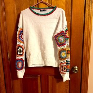 Zara White Sweater with Colorful Crochet Sleeves